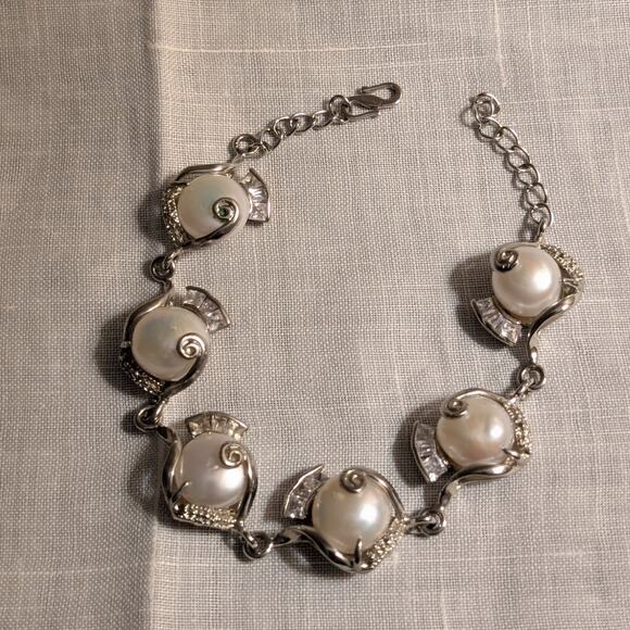 Marked 18K GP Silver Tone Faux Mabe Pearl CZ Hook Clasp 7.5"-8.5" Bracelet - Picture 10 of 10